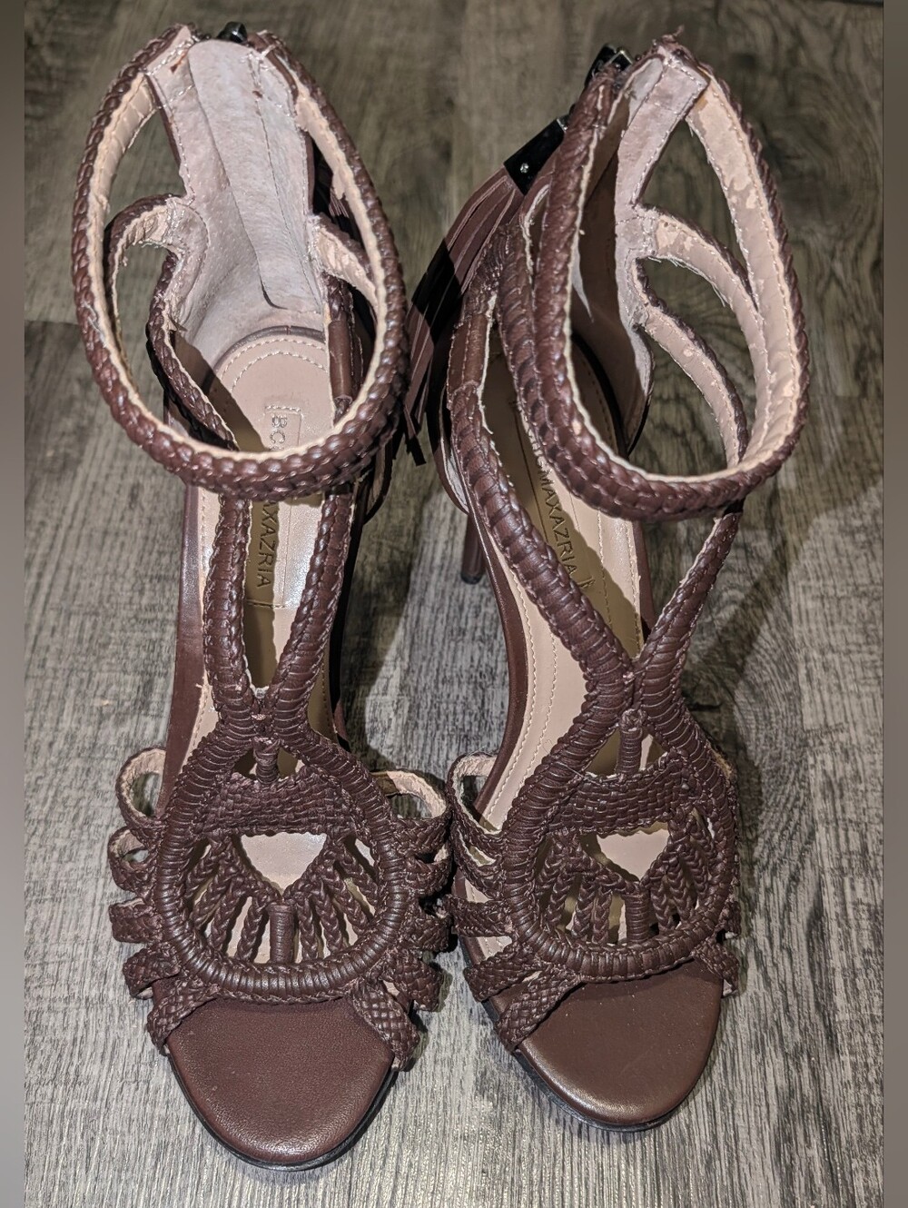 BCBGMAXAZRIA Brown Woven Tassel Strappy Stiletto Heels Size 9